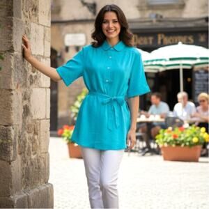 Vintage 70s Tie Waist Shirt Dress Peter Pan Collar Tunic Cuff Sleeve Carol Brady